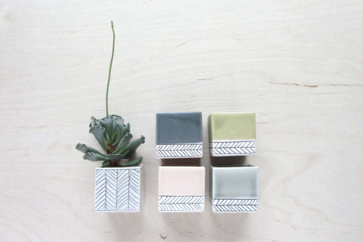 Ceramist Elizabeth Benotti hand forms these pleasingly pale mini planters (also shown in the top photo) in her New Hampshire studio. Available by custom order, her Small Square Herringbone Planter comes in pastel colors; $30 apiece.