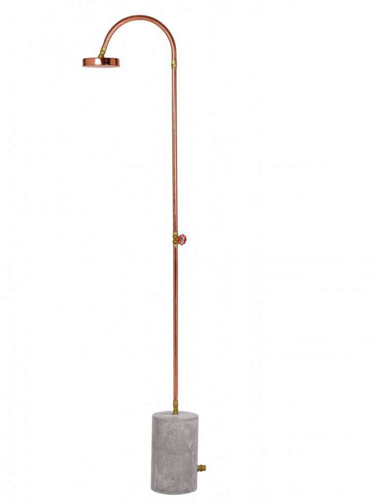 Summer A Stylish Freestanding Outdoor Shower Gardenista Above An Aquart Lux Freestanding Outdoor Shower Has A Copper Head And Heavy Concrete Base To Keep It Steady Marked Down รข 189 From 249