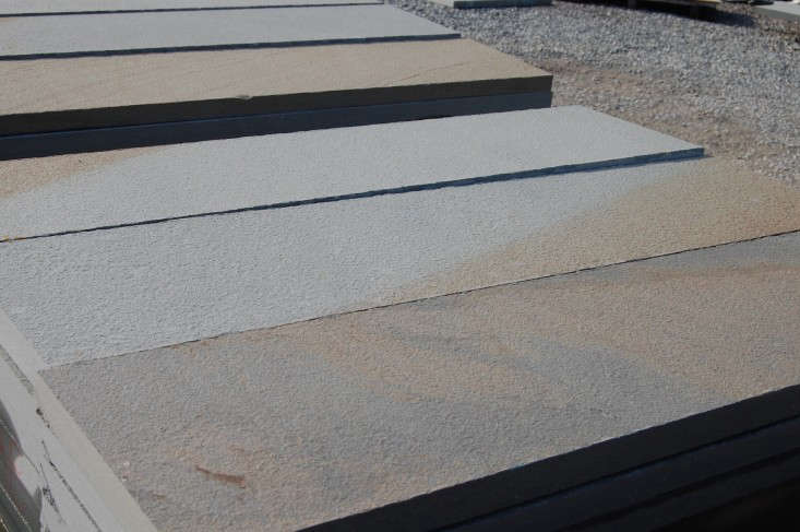 A closeup view of gauged pavers with a thermaled surface. Photograph by Ellen Jenkins.