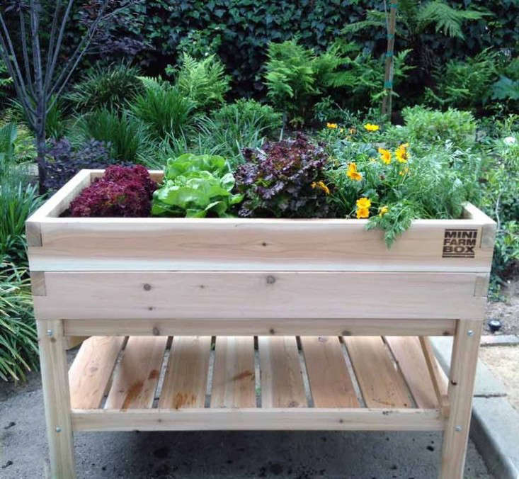 See this elevated table garden from Mini Farm Box and 9 other raised planters in Easy Pieces: Wooden Elevated Planters.