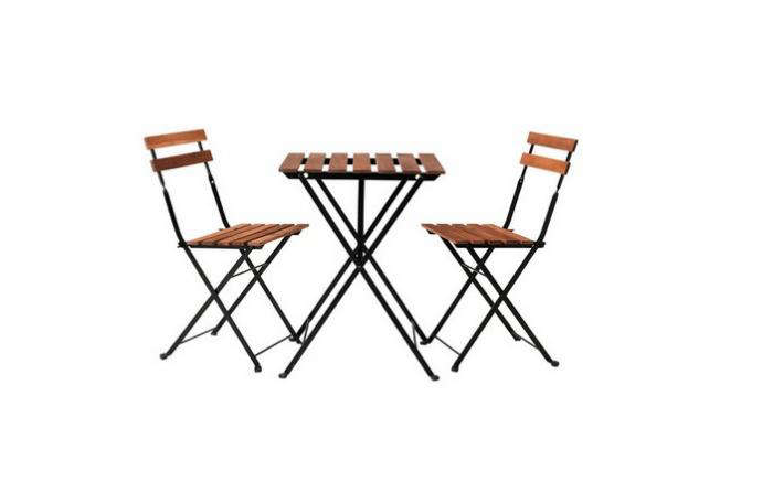 10 Easy Pieces Outdoor Bistro Table And Chair Sets Gardenista Above Constructed Of Acacia Wood And Steel A Tarno Bistro Set Includes An Almost Square Table It Measures 21 Inches By 5 8 Two Folding