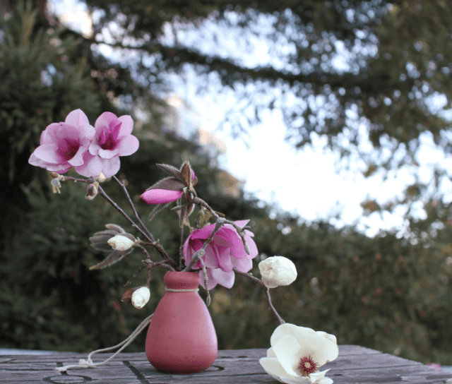Roebuck created an arresting floral arrangement out of foraged magnolia blossoms that she spotted in someone
