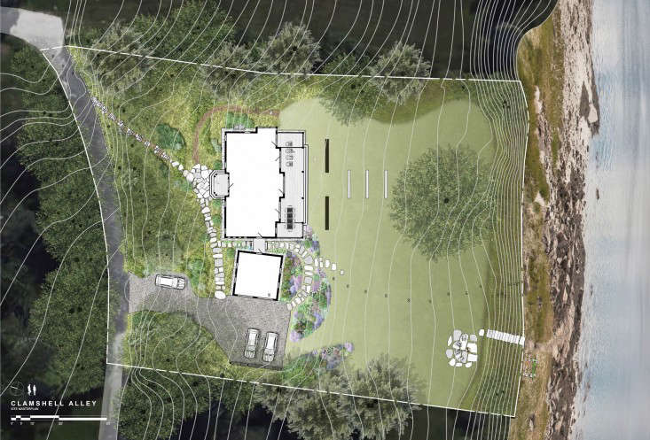 A site plan for a landscape designed by landscape architect Matthew Cunningham. See the garden at Landscape Architect Visit: Clamshell Alley on the Coast of Maine.