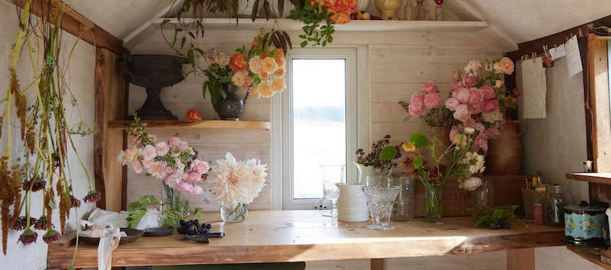 Shropshire, UK-based florist Tammy Hall has a small studio in a former shepherd’s hut “rescued from a field at the top of the farm where it had been for years and years,” she says. “It now sits at the top of my field and is my quiet thinking space.” Photograph by Britt Willoughby Dyer.