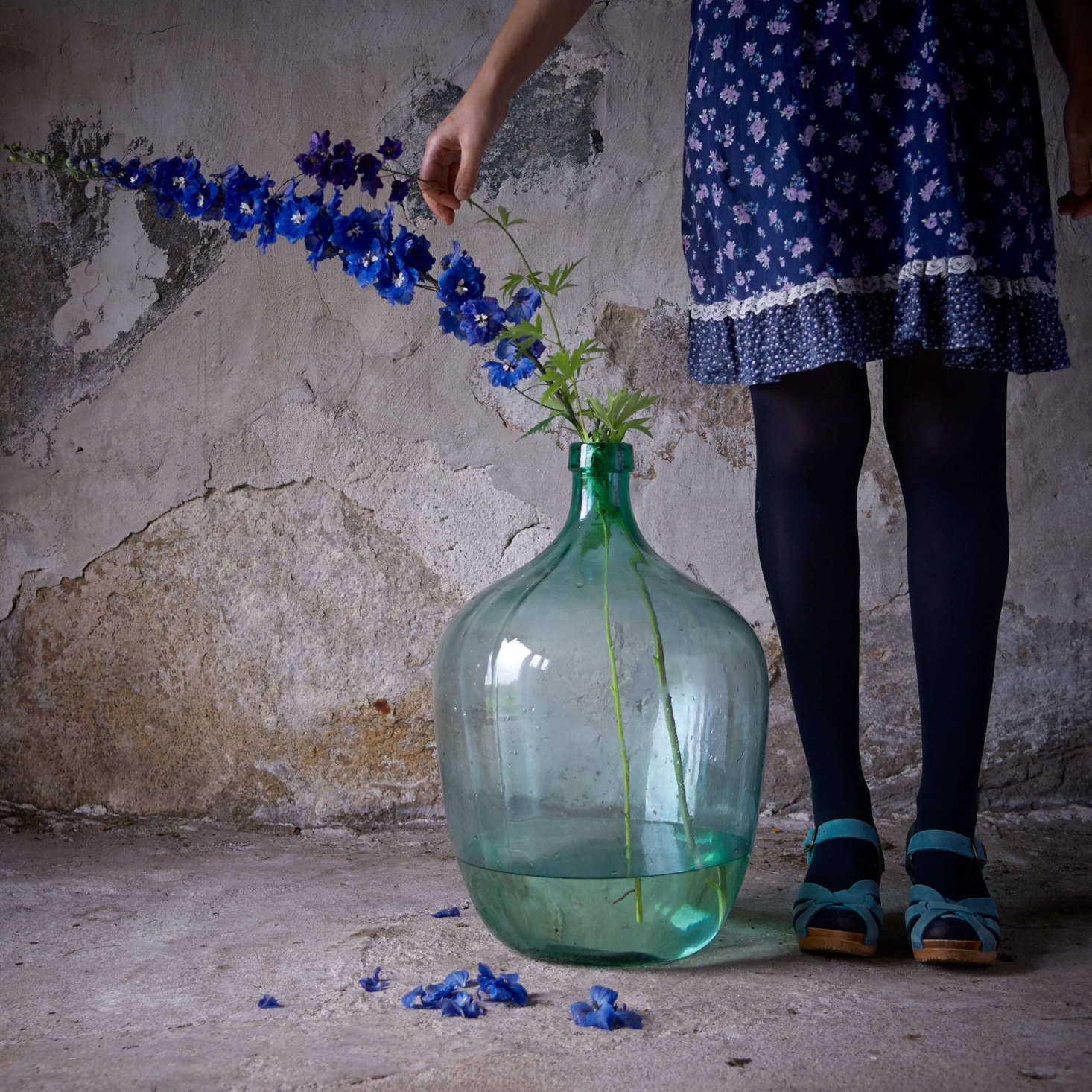 Rhapsody in blue; two delphiniums from the garden rest in a vintage wine jug in the barn.