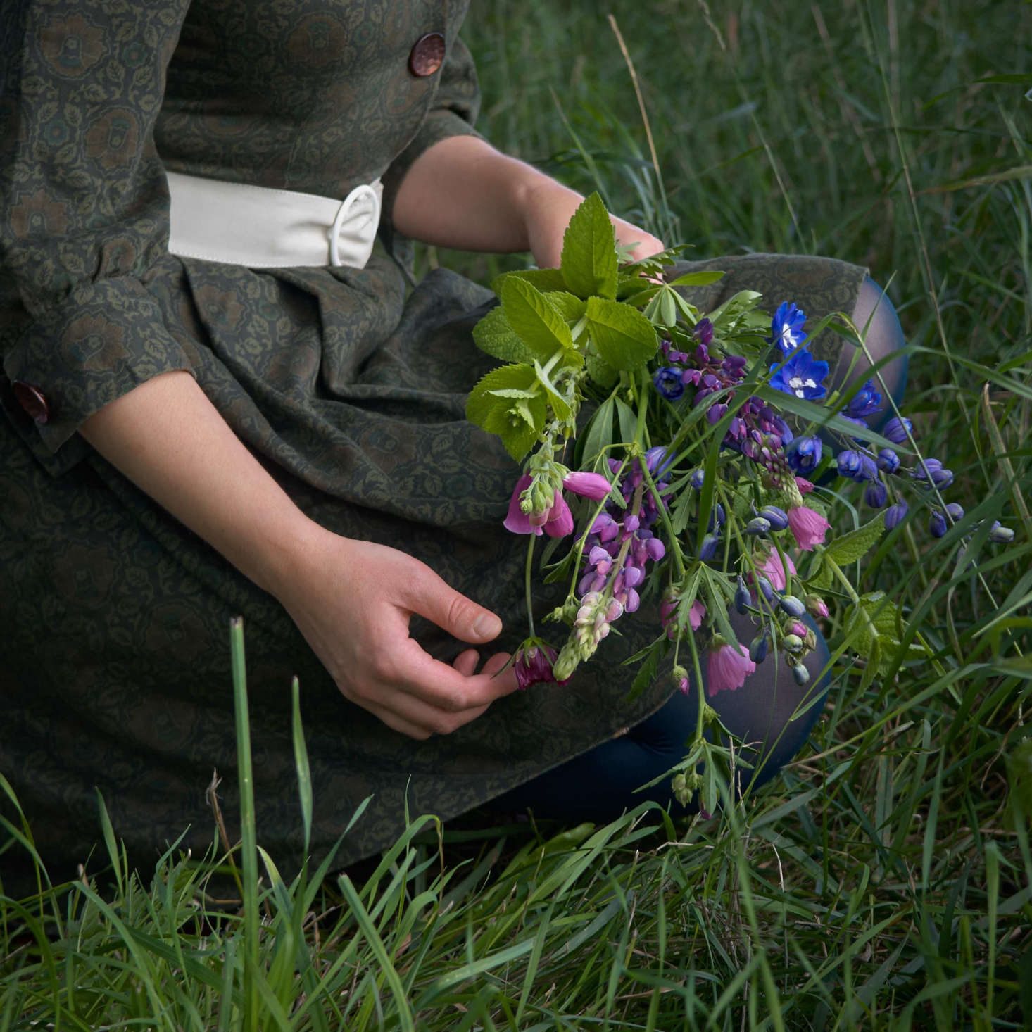 This bouquet of delphinium, lupine, foxglove, mint, and musk mallow was picked in the Juliane