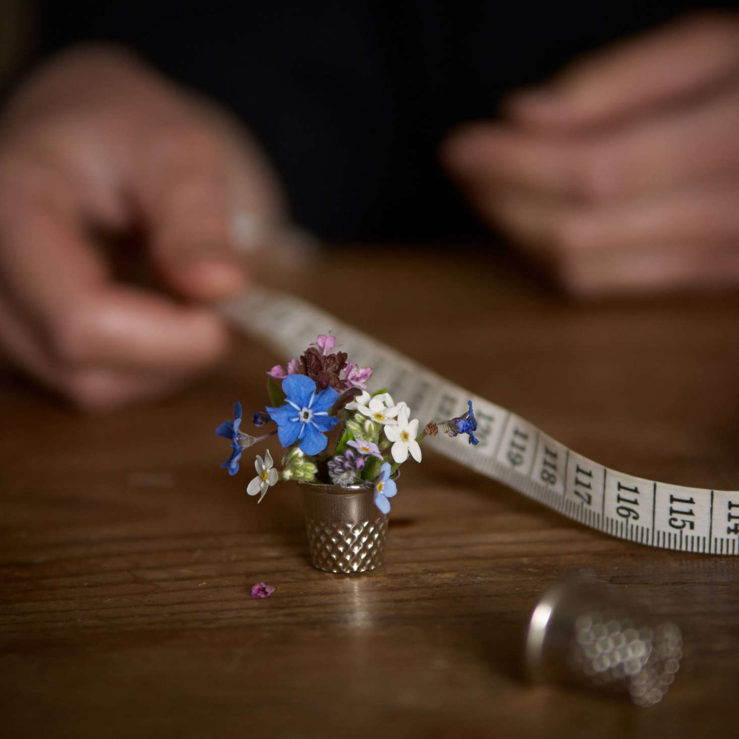 On a recent chilly spring day, Juliane paused from sewing long enough to fill a thimble with blue-eyed Mary, wood forget-me-not, and bugle.