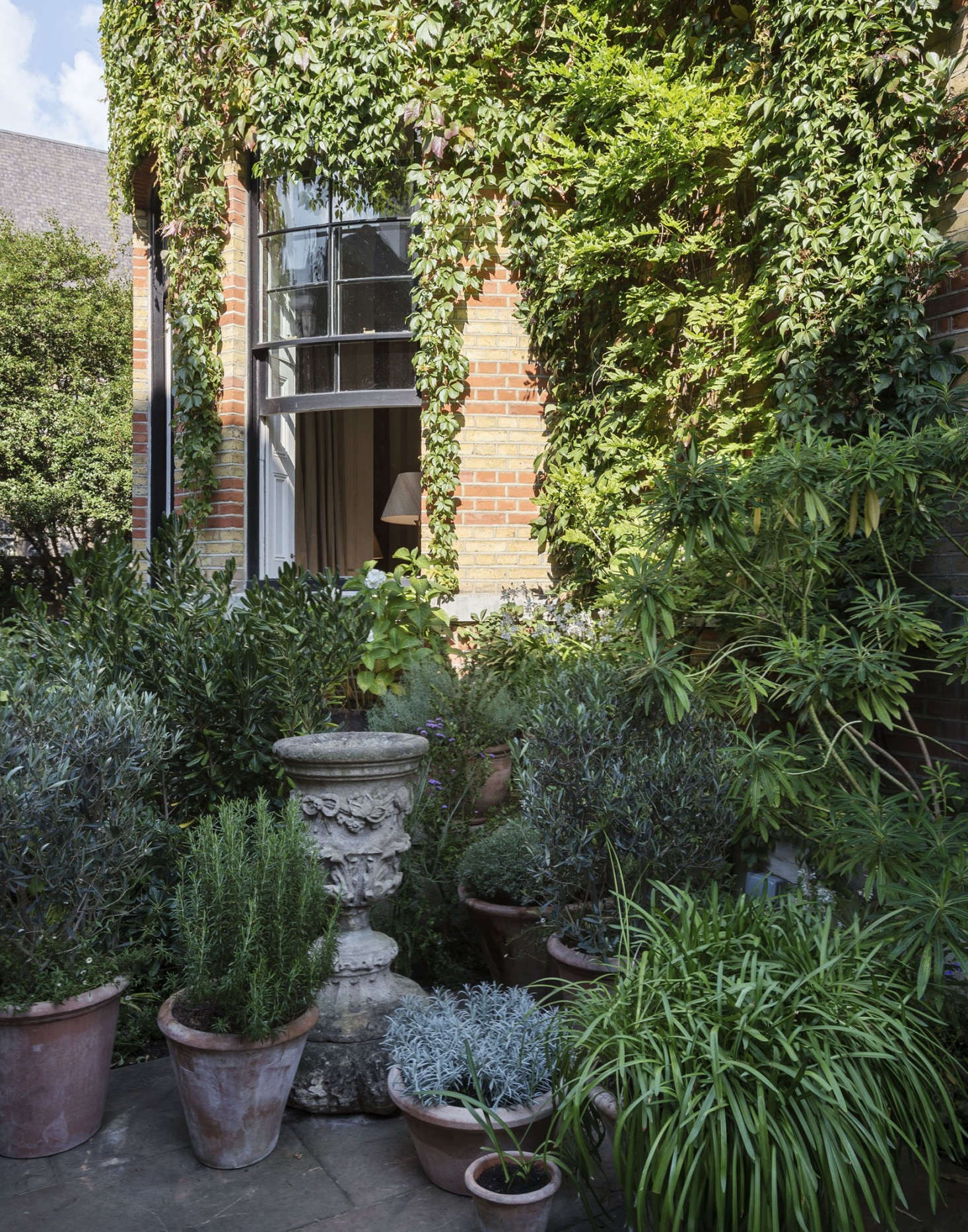 The house came with ivy already attached. Here, a mix of wisteria and Virginia creeper green up the space. Many of the smaller pots hold herbs that Uniacke uses when she’s cooking, pinching off a sprig of rosemary to season a stew.