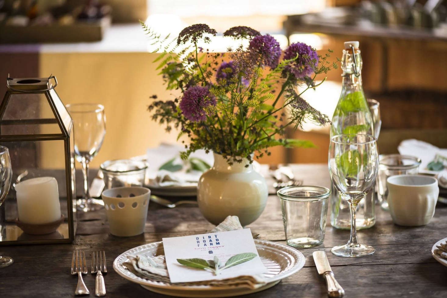 “Even if you do not grow many flowers, a branch from a crab apple tree, or some wild asters from along the road, are all that’s needed with candles and gleaming flatware and wineglasses,” says Phoebe. “A little really does go a long way. Keep clippers in your car or in your pocket on your daily walk.”