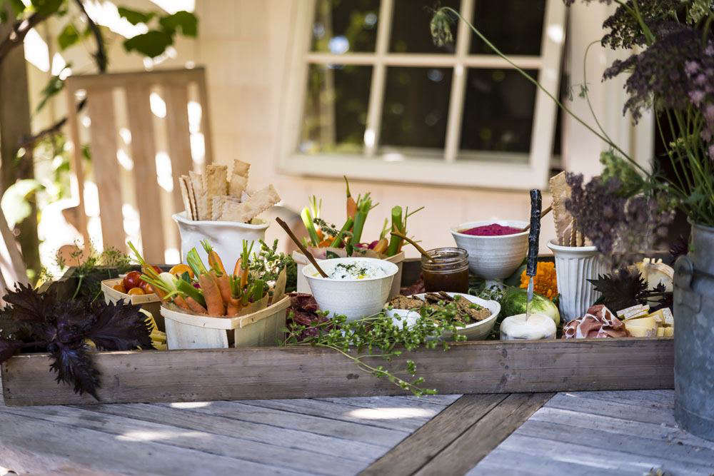 Garden to table, with homemade crackers and dips.