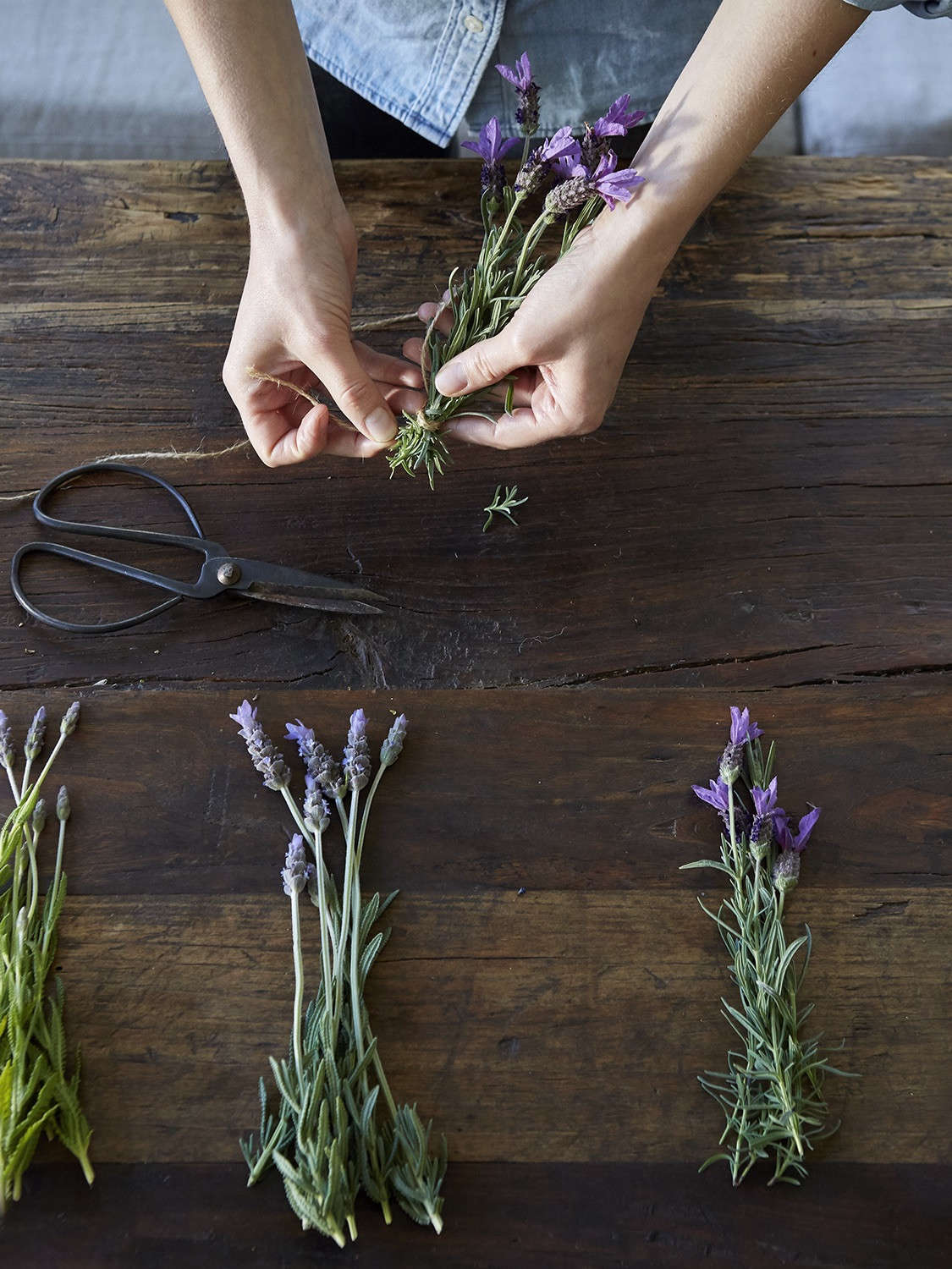 We formed bunches of fresh lavender before hanging to dry.