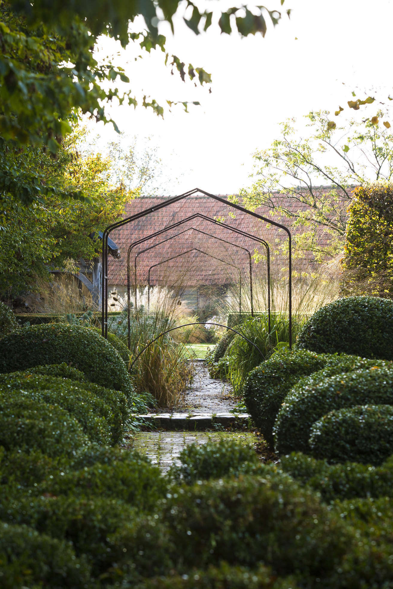 The formality of very straight walls of boxwood in the garden beyond gives way to rounder shapes, in a castle meets cottage atmosphere that is reminiscent of Sissinghurst, just across the English channel. The view through a series of hedge styles ends at a barn that is partially obscured by Stipa gigantea.