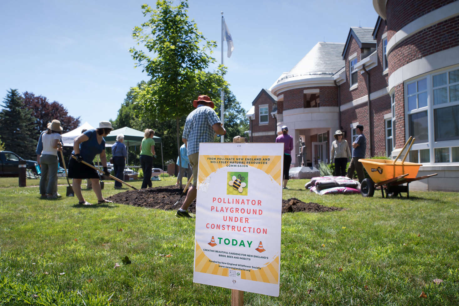 Members of the public attended the installation of one of the 12 new pollinator gardens that New England Wildflower Society installed throughout the region last summer.
