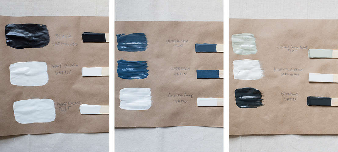 Curb appeal color palettes for any style of architecture. From left: a classic white, a dramatic palette hinged on navy, and a muted green palette that still reads neutral.