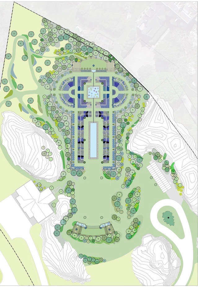 An aerial view of the restored Blue Garden. Photograph by Reed-Hilderbrand.