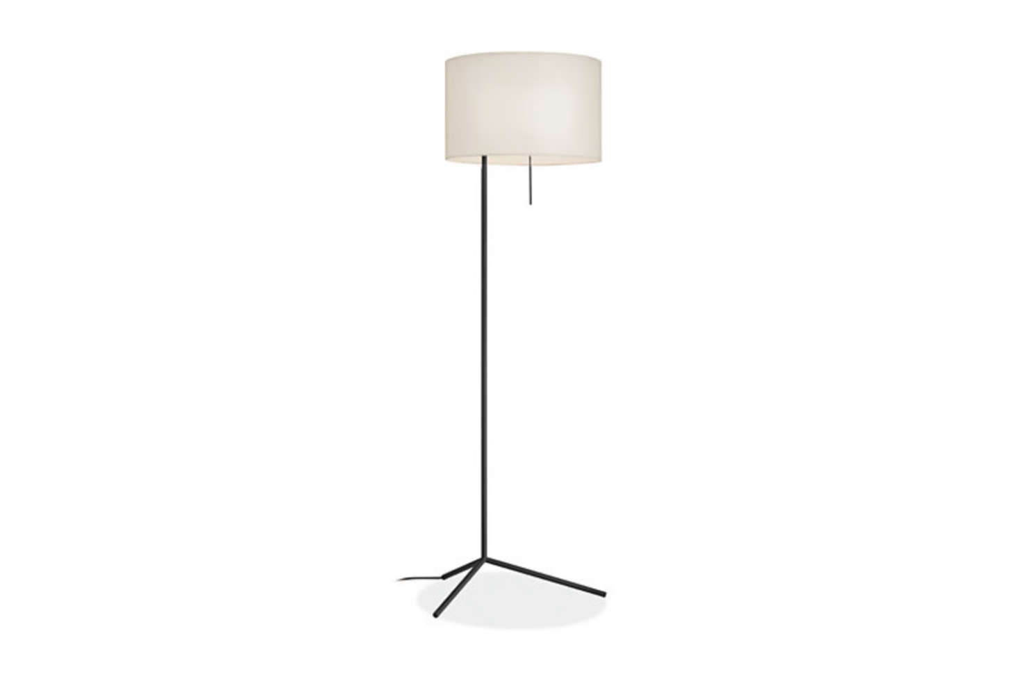 The Room & Board Crane Floor Lamp has a hand-welded base, a fabric cord, and a white fabric shade; $529.