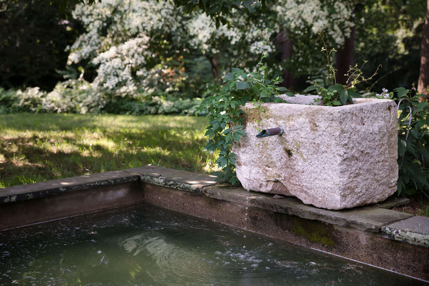 At one end of the pool, the original reflecting pool and fountain was restored and enhanced with an old limestone trough.