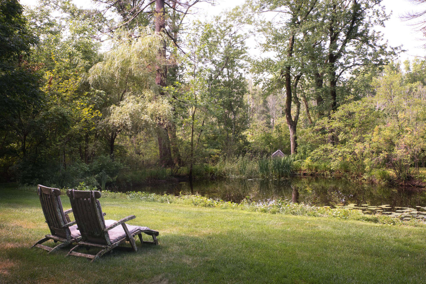 A paired of lichen-covered deck chairs provides a quiet spot to rest by the pond.