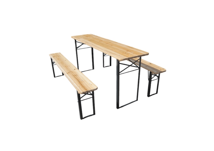 A Bier Garden Set includes an 86.6-inch-long table and two benches. It is available in nine finishes including natural with black legs as shown; $449 from Beer Garden Furniture.