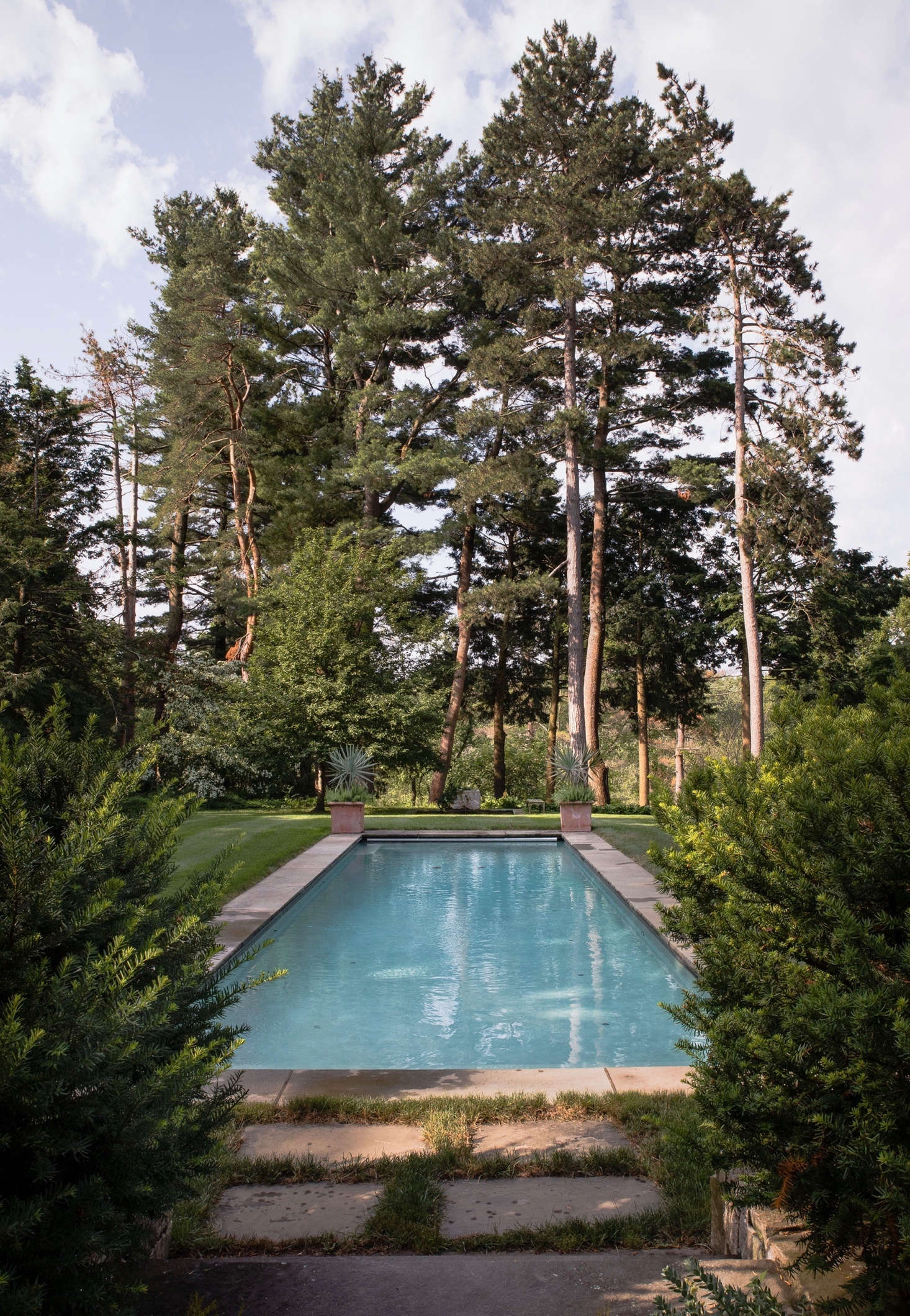 Viewed from the house, the pool is framed by tall pines that serve as a transitional element from the more formal lawn shown here to the woodland and pond below.
