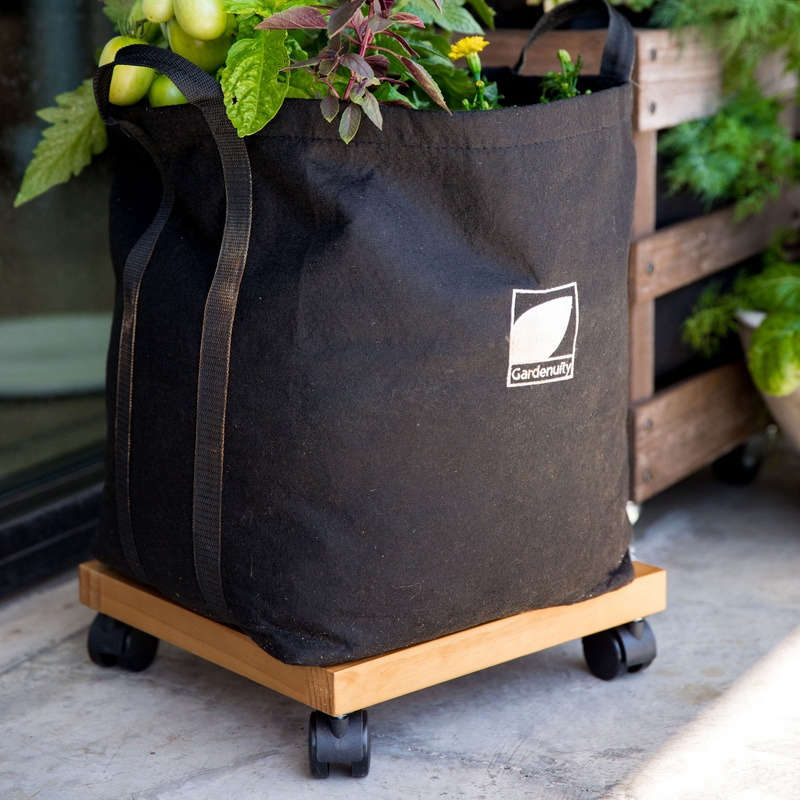 With accessories such as a MoGrow Coaster rolling teak planter stand, Gardenuity’s edible container gardens are mobile; $19.t