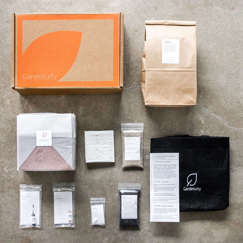 A Complete Garden Kit to grow spinach (as shown in the top photo) comes with a reusable black grow-bag planter as well as seeds, soil, compost, and nutrients; $35.