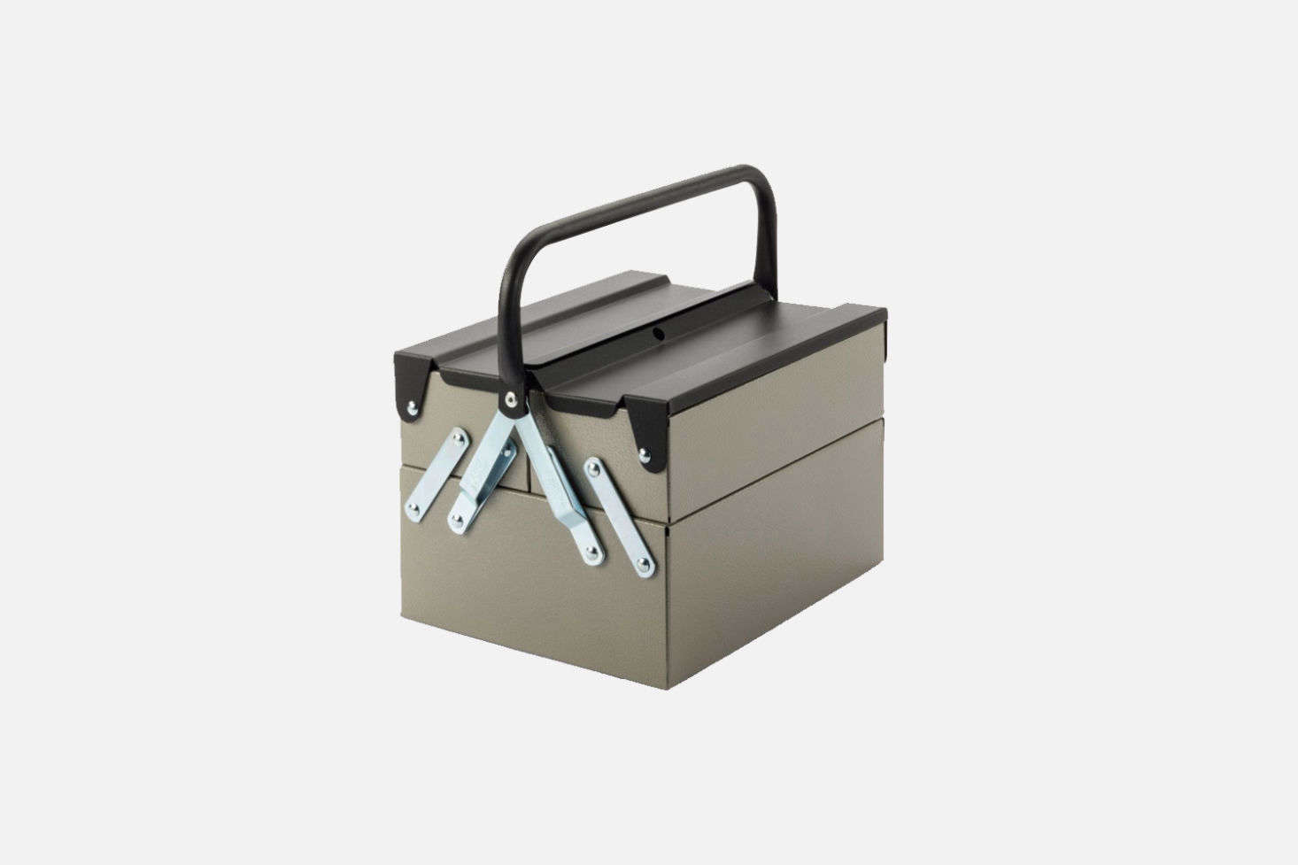 The Tool and Utensil Box Plus is available in Stone Grey/Anthracite (shown) or Light Grey/Fire Red is made of high-grade industrial quality with removable plastic insert trays; €43 at Manufactum.