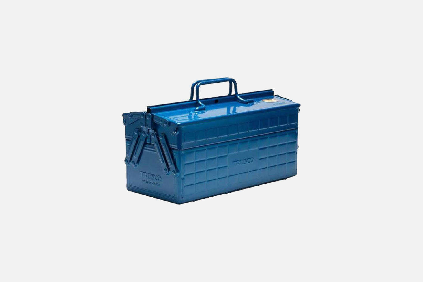 The larger Trusco Blue Cantilever Toolbox is common in Japan; it has a cantilever mechanism and comes in bright textured blue steel; £0 at Labour & Wait.