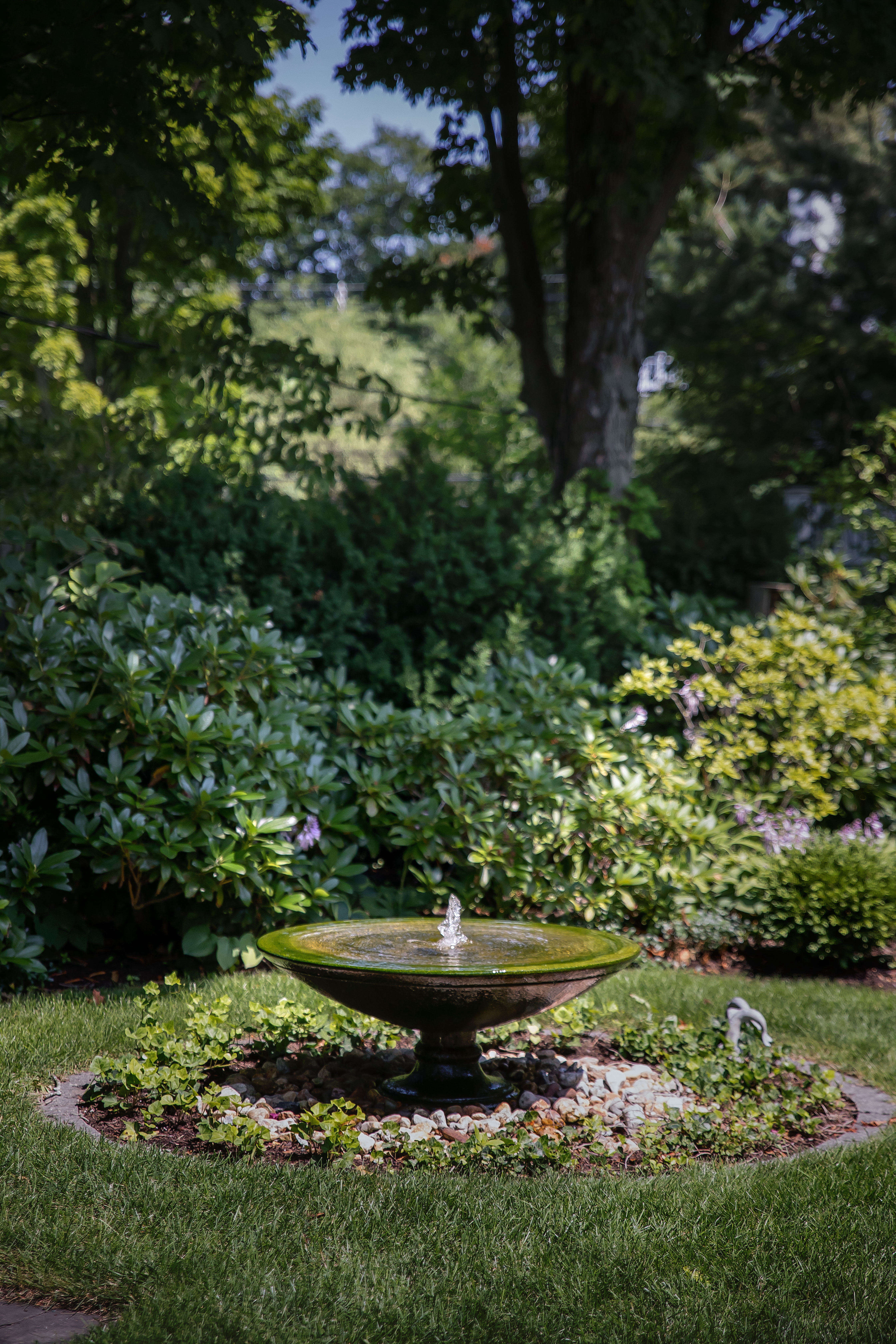A fountain provides a focal point in the main lawn.
